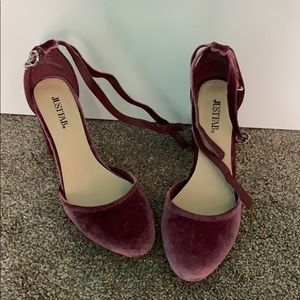 Pink velvet pumps, ankle straps. Size 6.5.